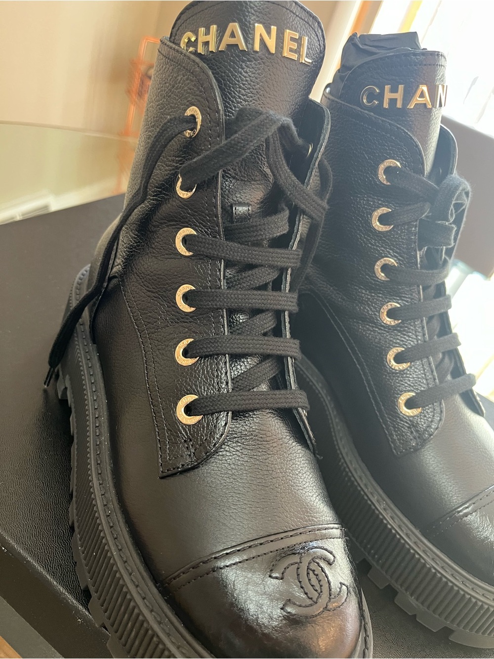 CHANEL Black Leather Lace-Up Platform Ankle Boots with Gold Logo - Picture 2 of 11